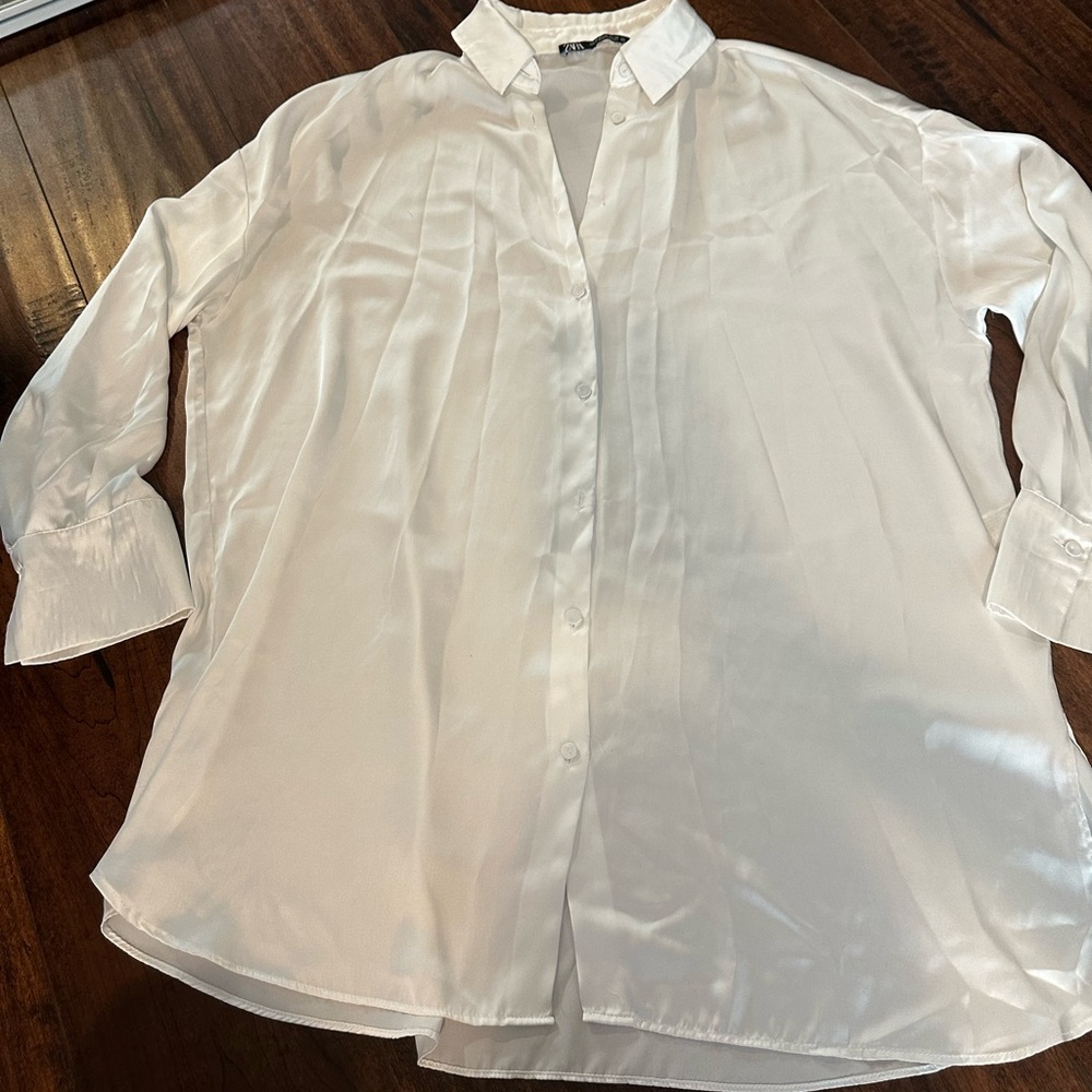 Zara Satin Finish Long Sleeve Button Down Tunic